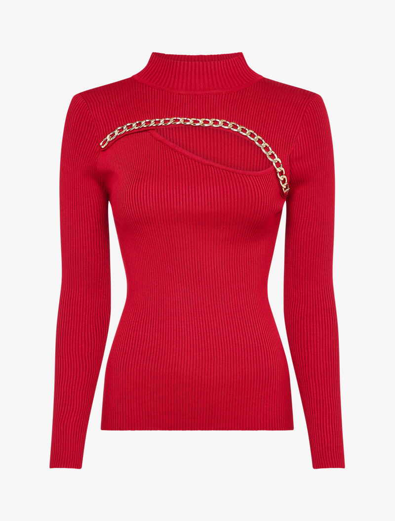 Pull côtelé à décolleté asymétrique et détail chaîne - Rouge - 4