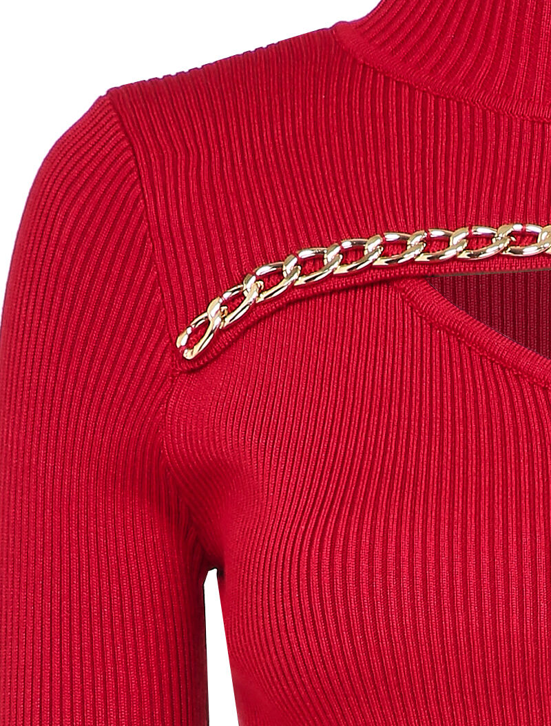 Pull côtelé à décolleté asymétrique et détail chaîne - Rouge - 3