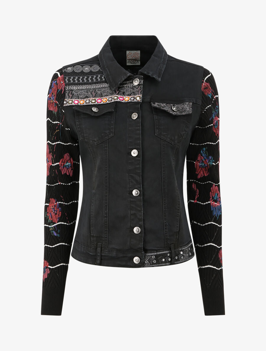 Veste bi-matière ornée de sequins et de broderies - Noir - 2