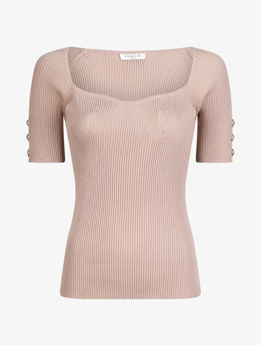 Top en maille côtelée ajusté uni à col en coeur - Beige - 1