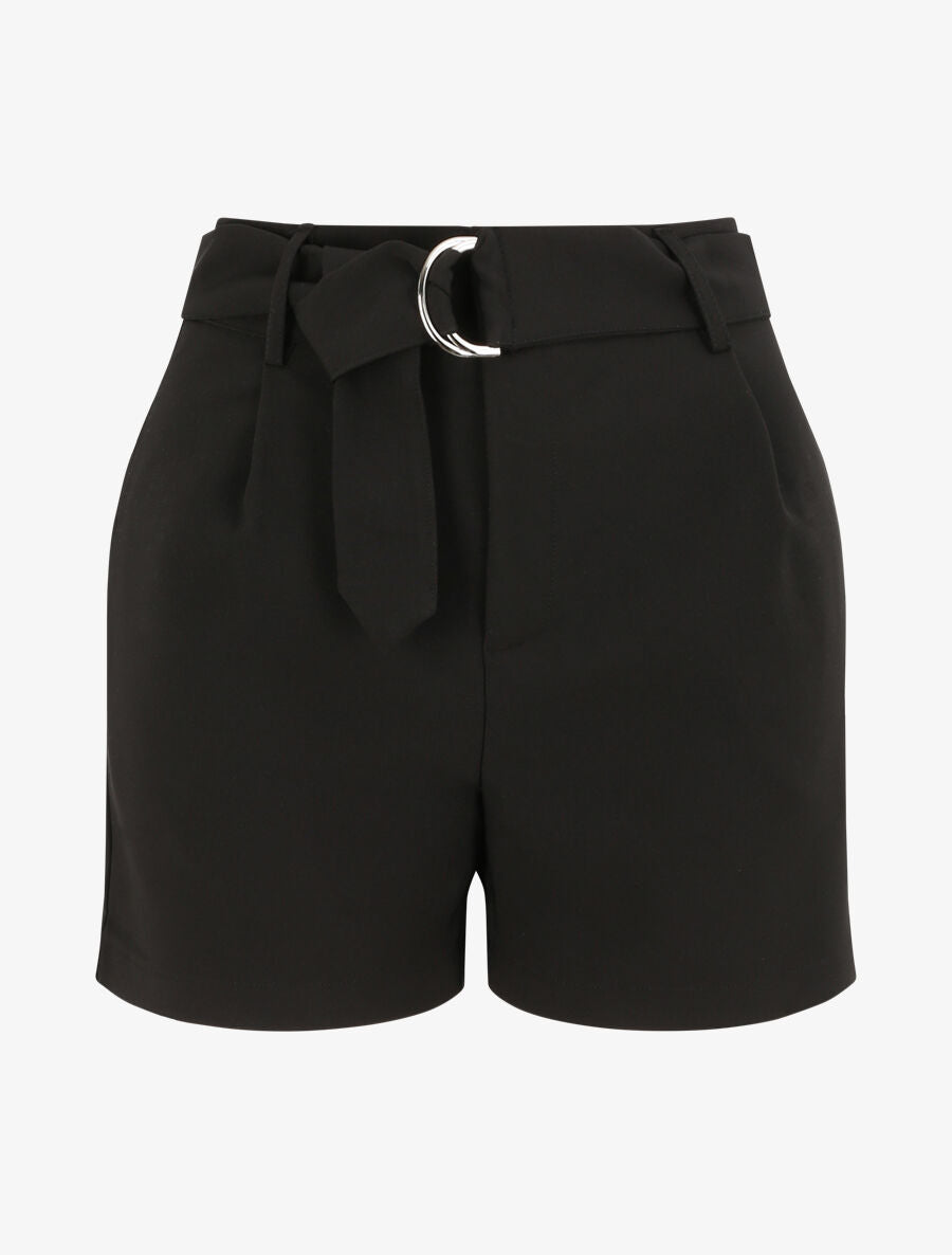 Short fluide uni et ceinturé - Noir - 1