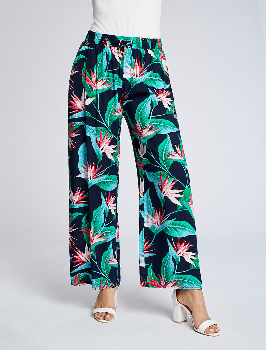 Pantalon ample imprimé végétal - Marine - 4