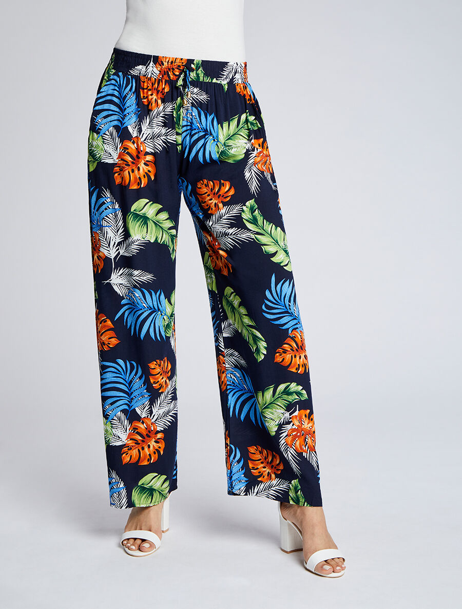 Pantalon ample imprimé palmier - Marine - 4