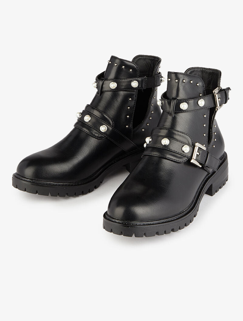 Bottines ajourées à détails cloutés et perlés - Noir - 1