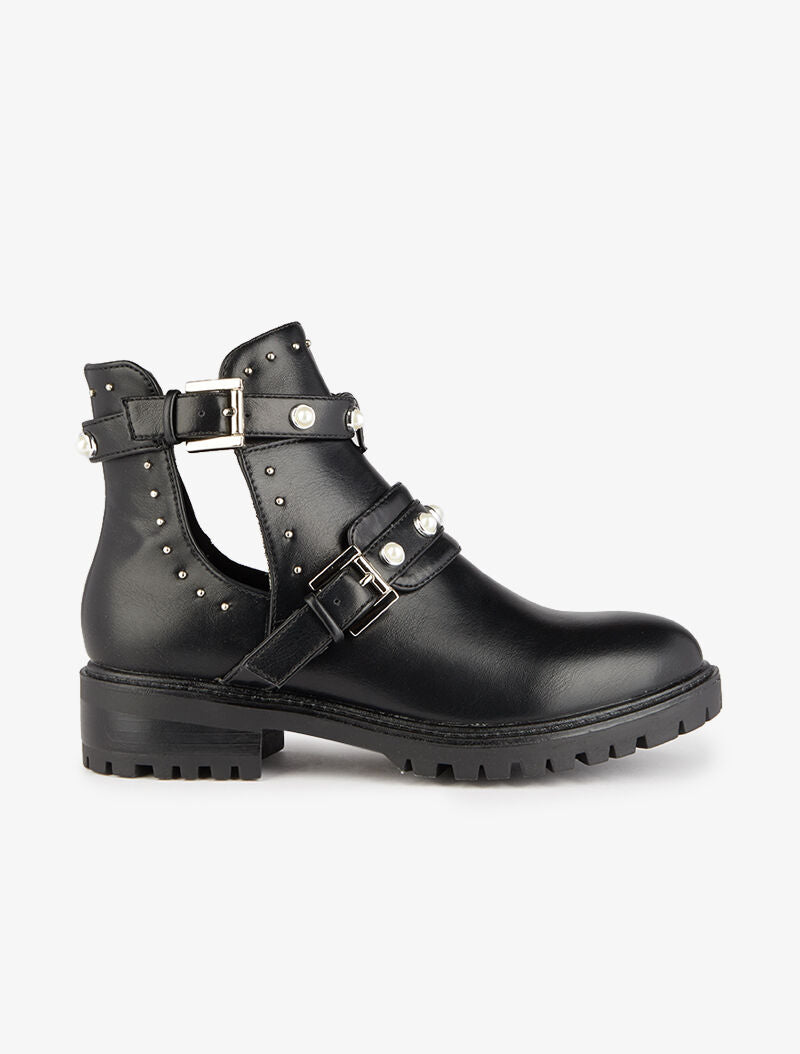 Bottines ajourées à détails cloutés et perlés - Noir - 2