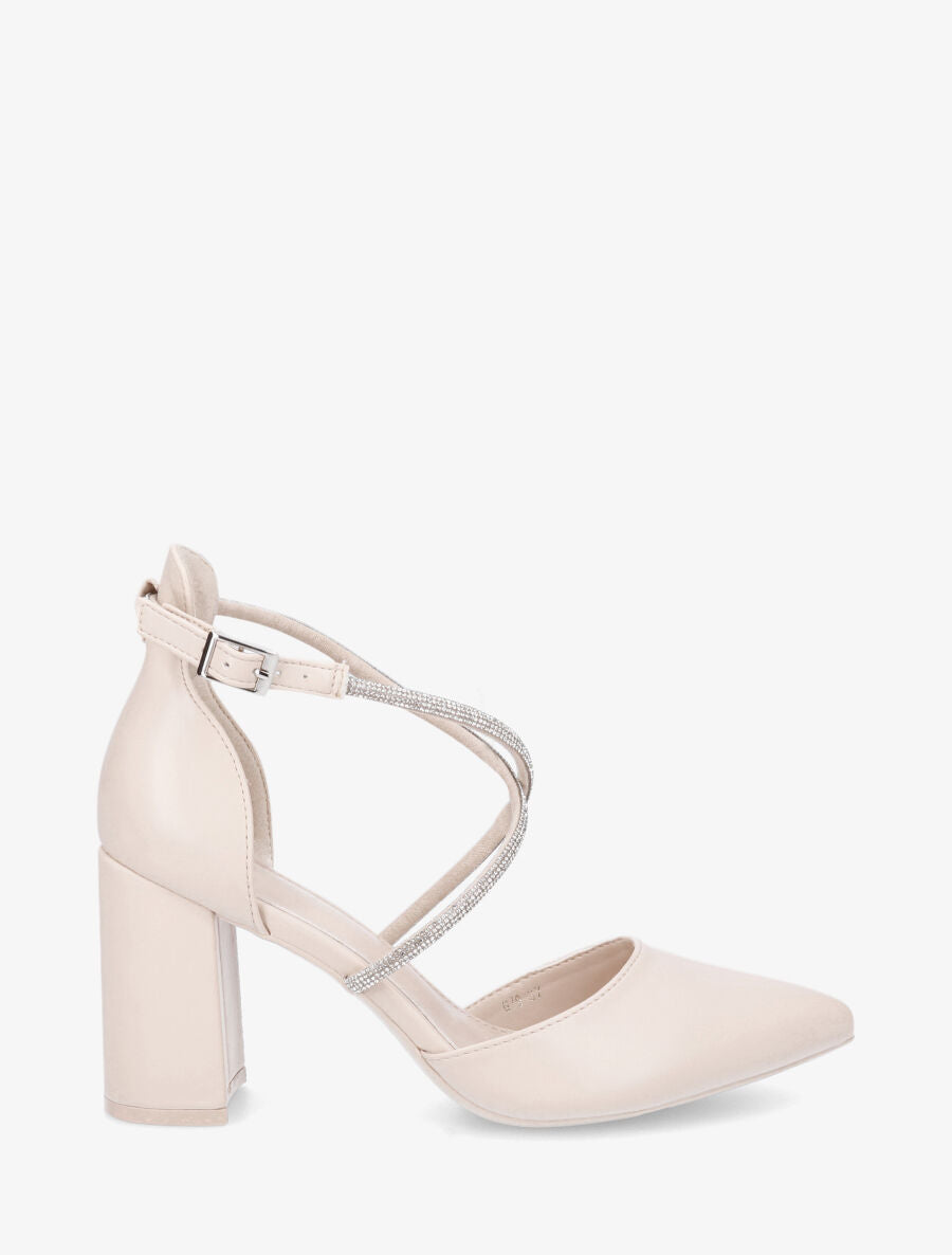 Escarpins unis à talon bloc et strass - Beige - 5