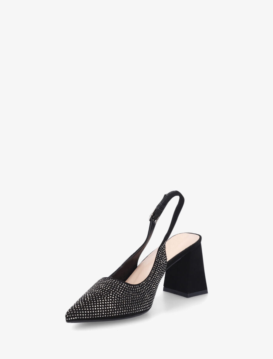 Escarpins en suédine à talon bloc et strass - Noir - 3