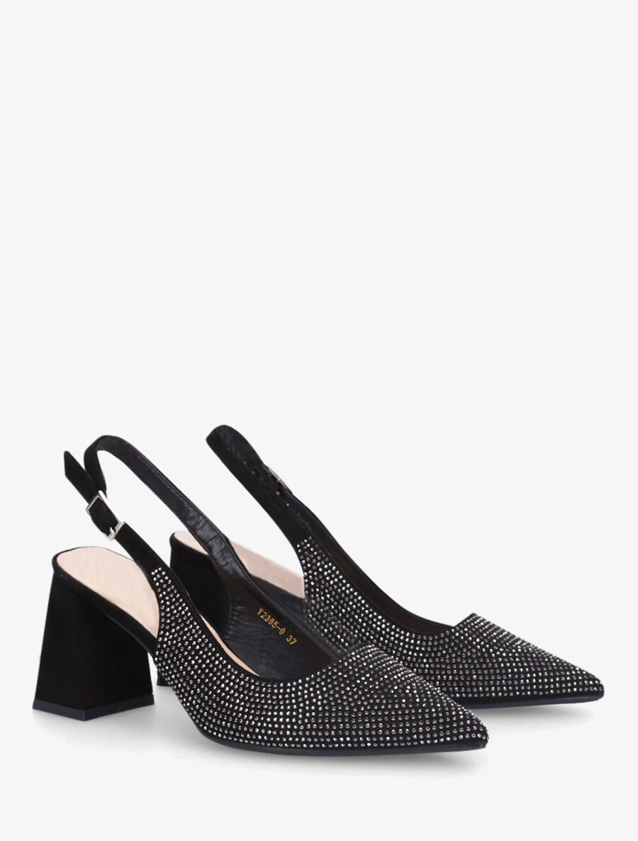 Escarpins en suédine à talon bloc et strass - Noir - 4