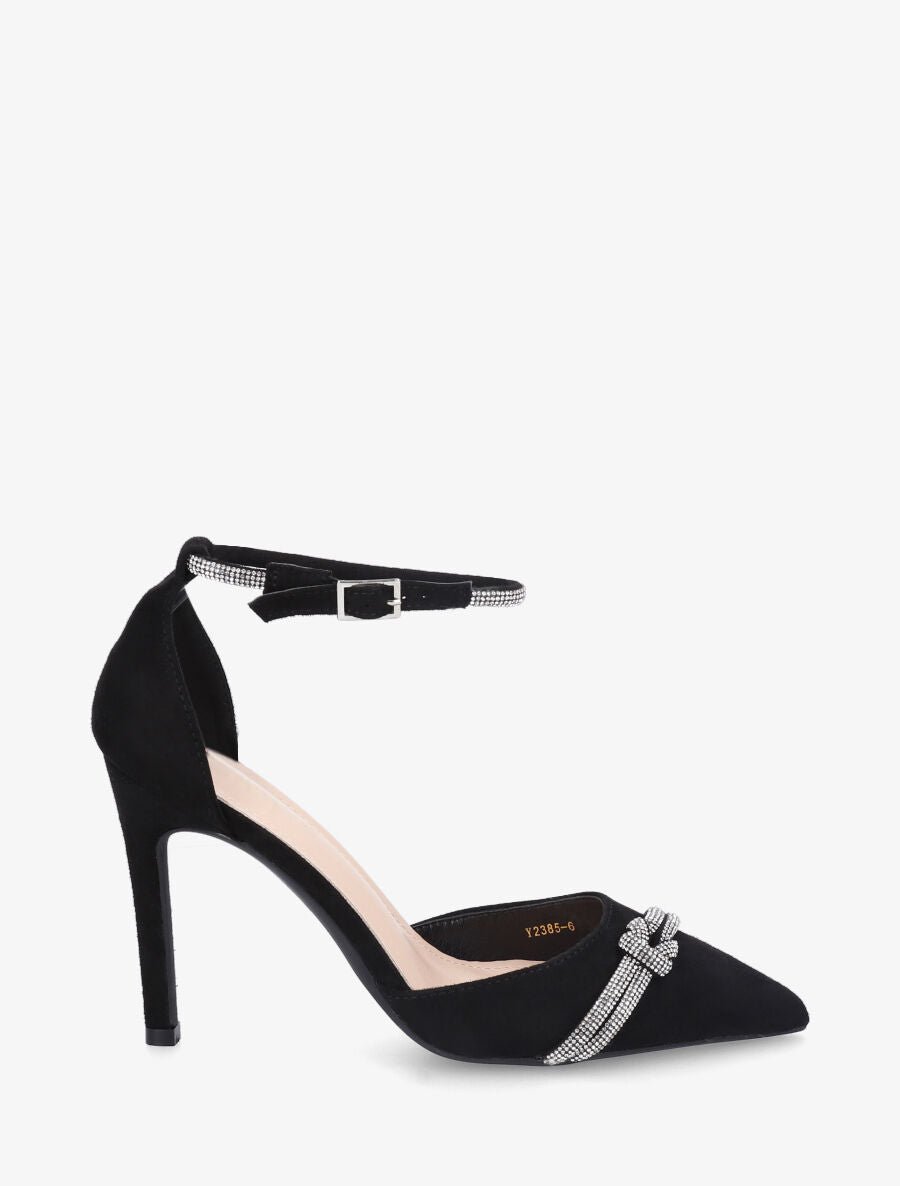 Escarpins en suédine à talon aiguille et strass - Noir - 5