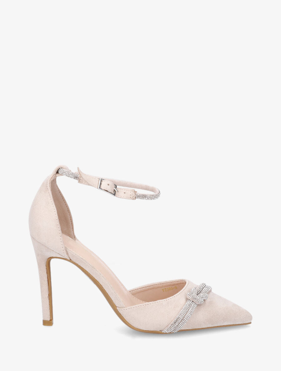 Escarpins en suédine à talon aiguille et strass - Beige - 5
