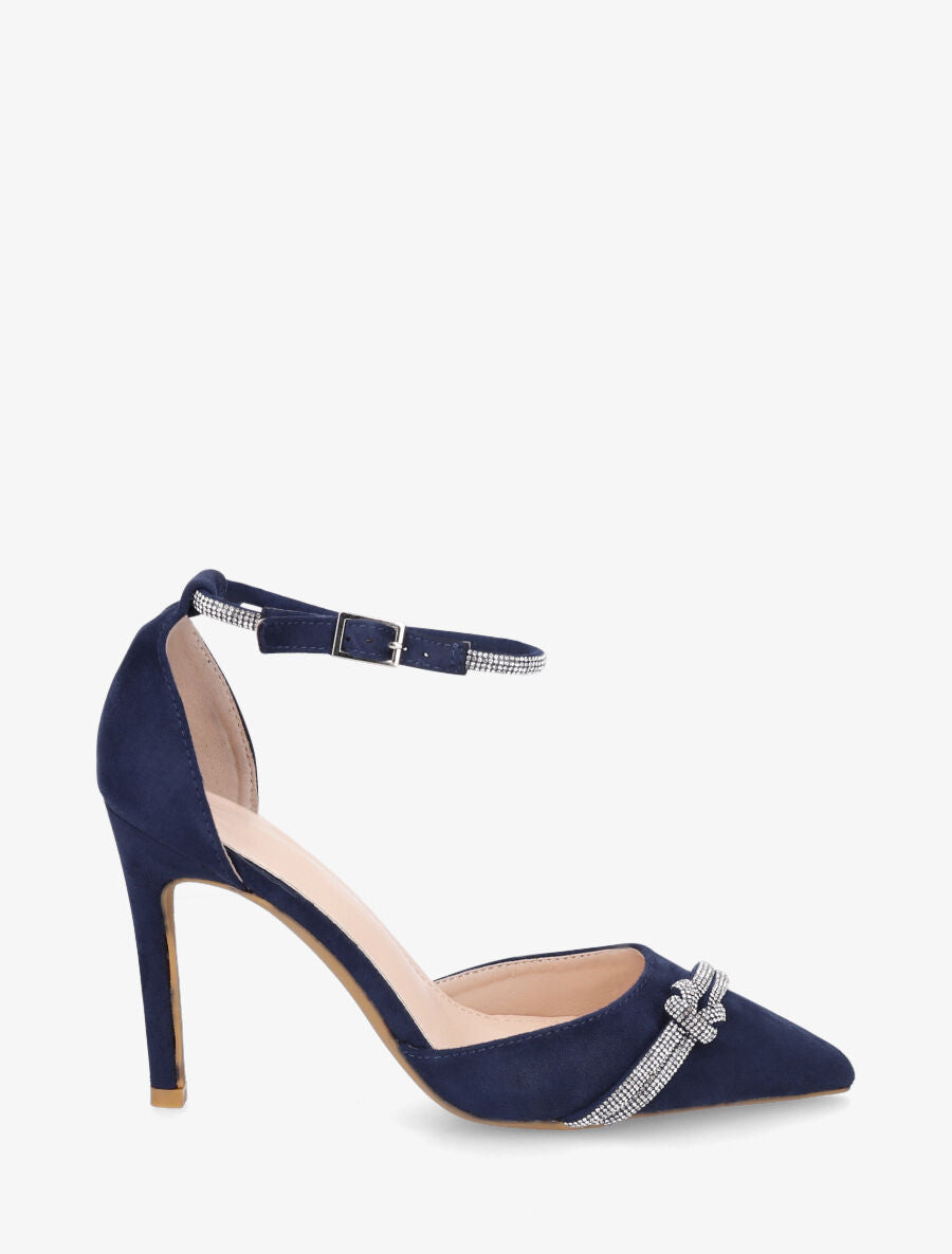 Escarpins en suédine à talon aiguille et strass - Marine - 1