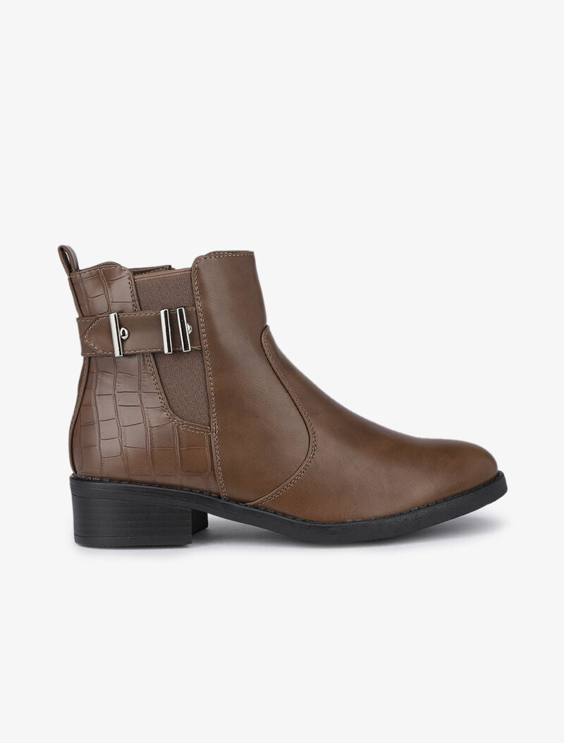 Bottines à détails croco et sangle - Marron - 2