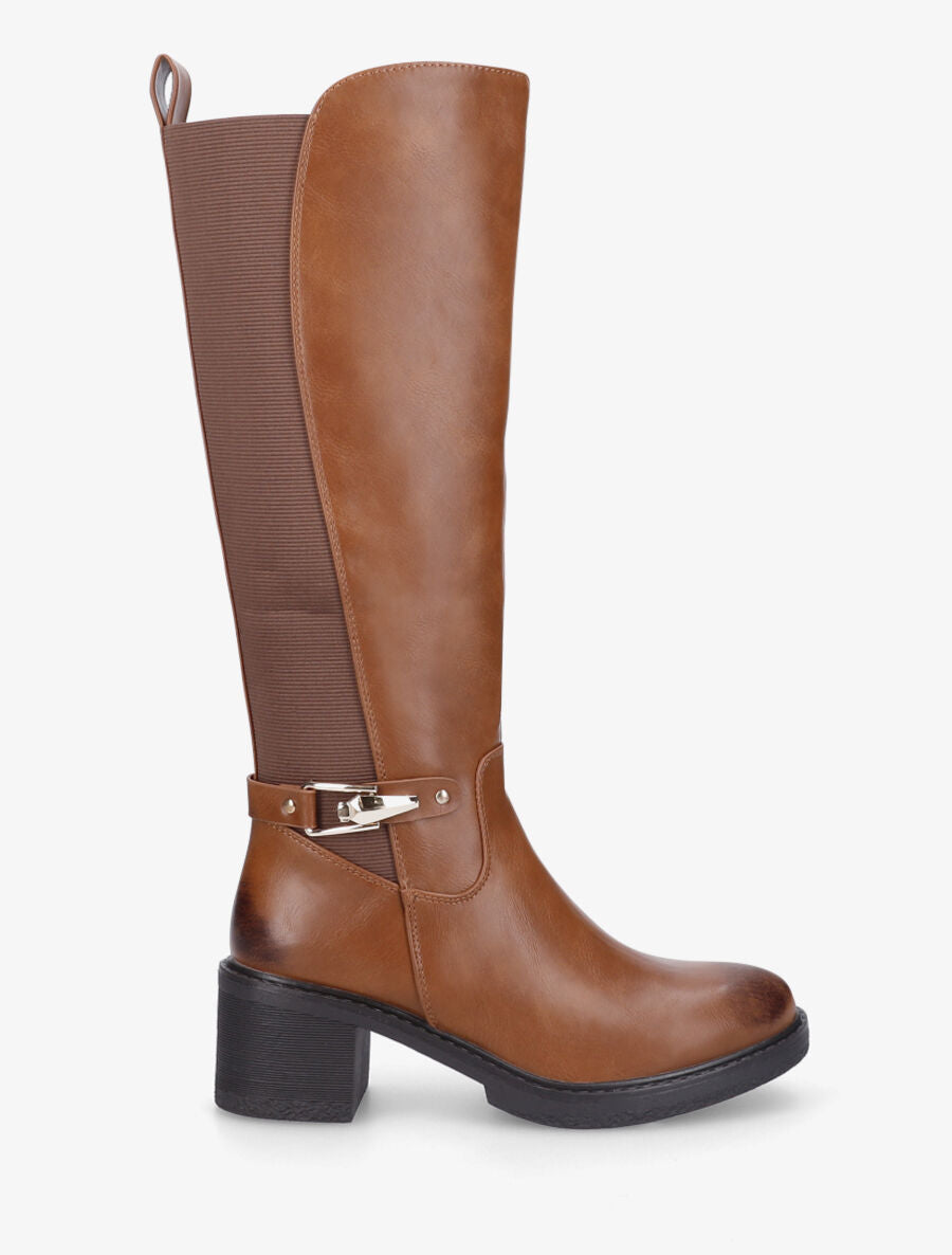 Bottes élastiquées unies à talon - Camel - 1