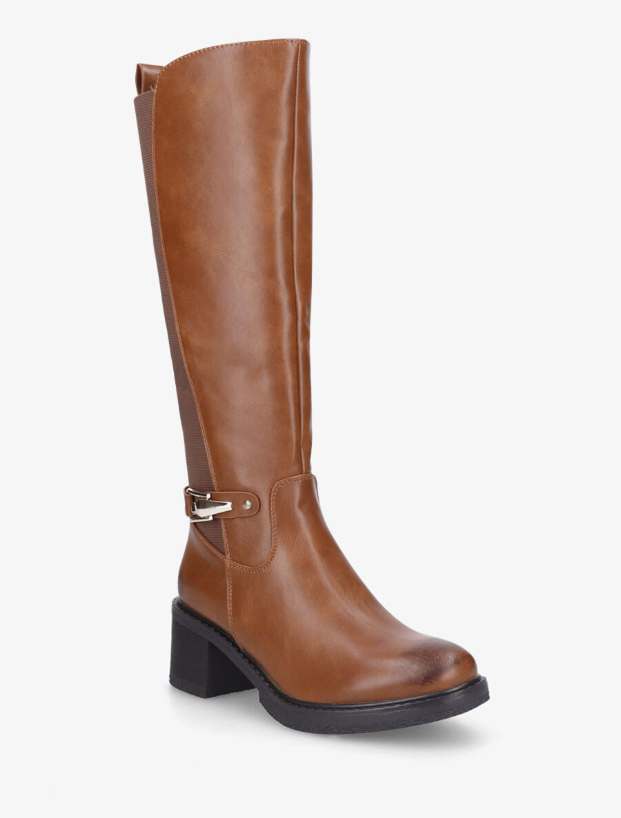 Bottes élastiquées unies à talon - Camel - 2