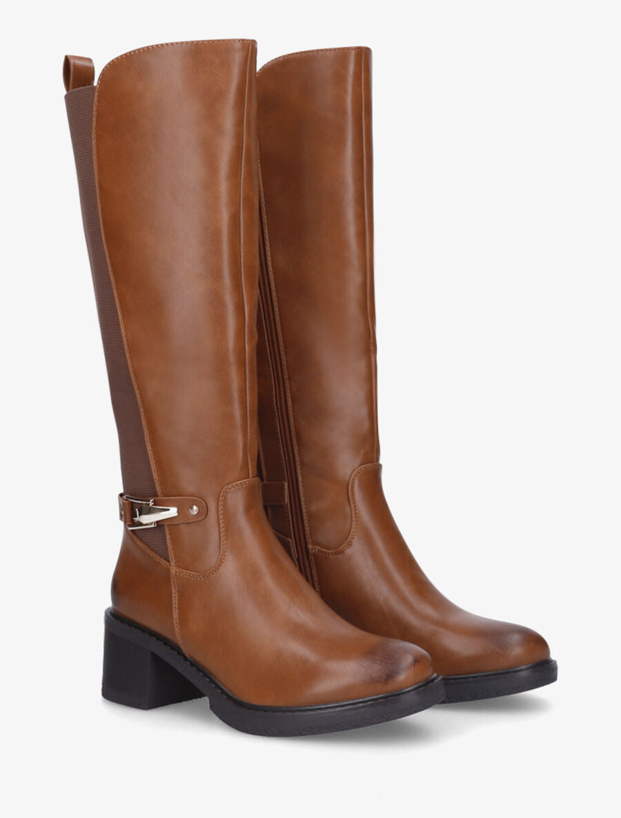 Bottes élastiquées unies à talon - Camel - 4