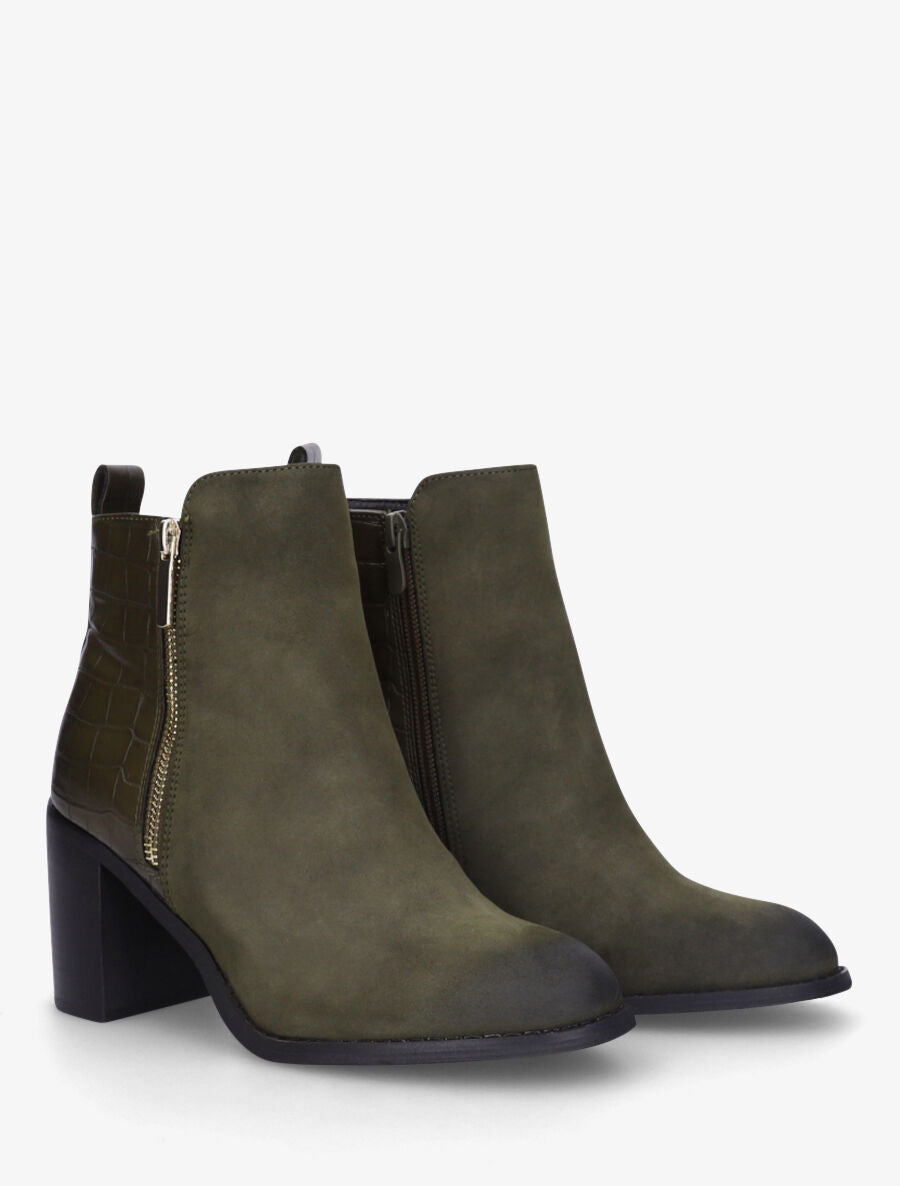 Bottines à talon et contrefort en croco - Kaki - 4