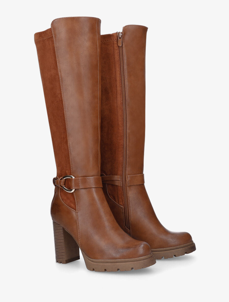 Bottes à talon haut et boucle bi-matière - Camel - 4