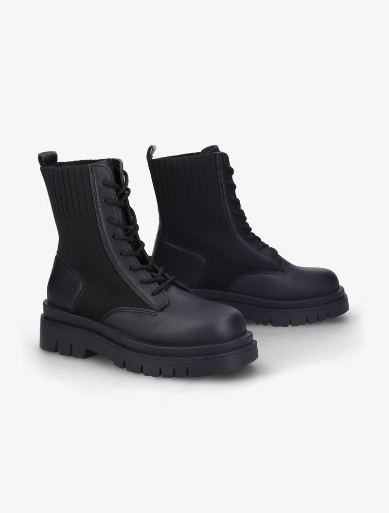 Bottines à lacets en simili et tissu - Noir - 1
