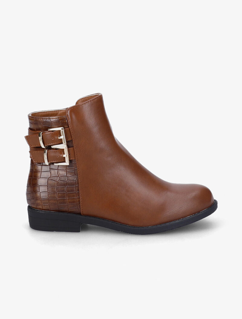 Bottines plates en simili et effet croco - Camel - 2