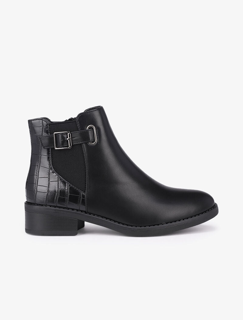 Bottines à contrefort croco et boucle carrée - Noir - 2