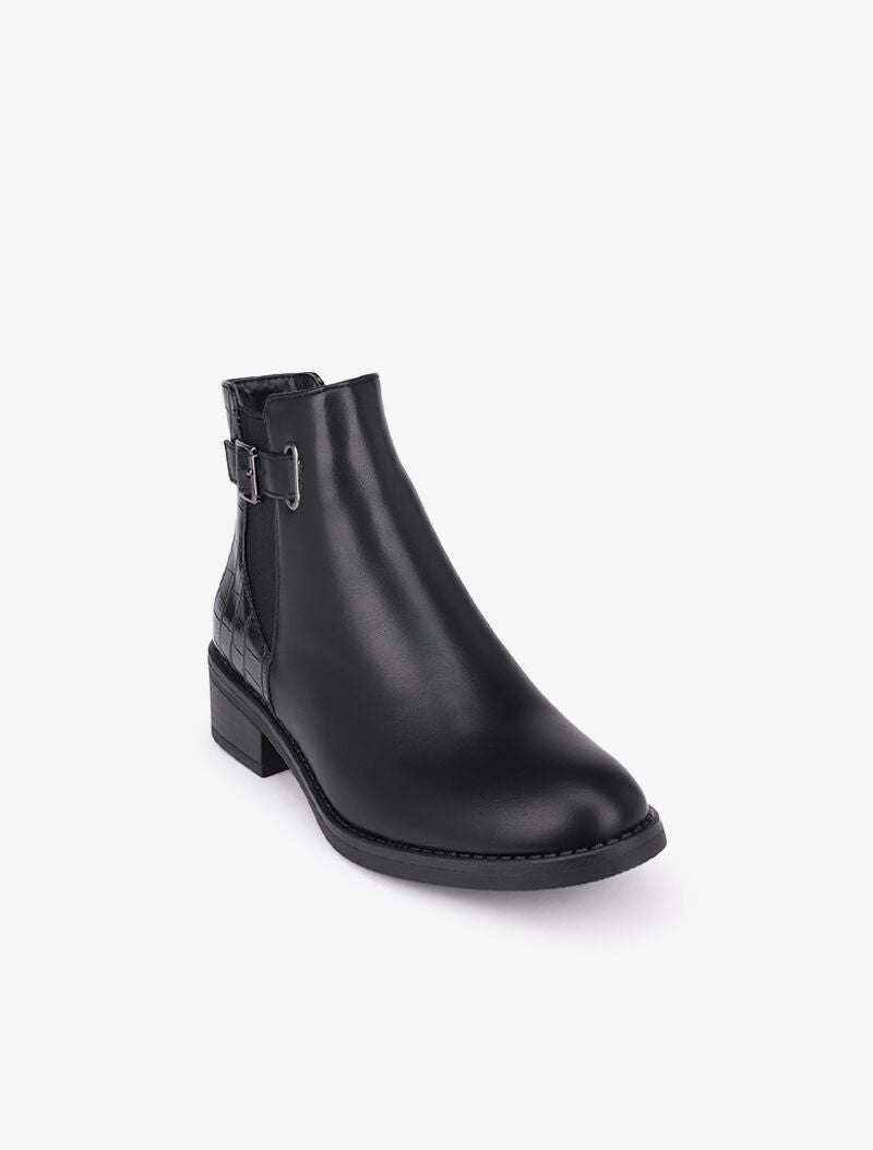 Bottines à contrefort croco et boucle carrée - Noir - 3