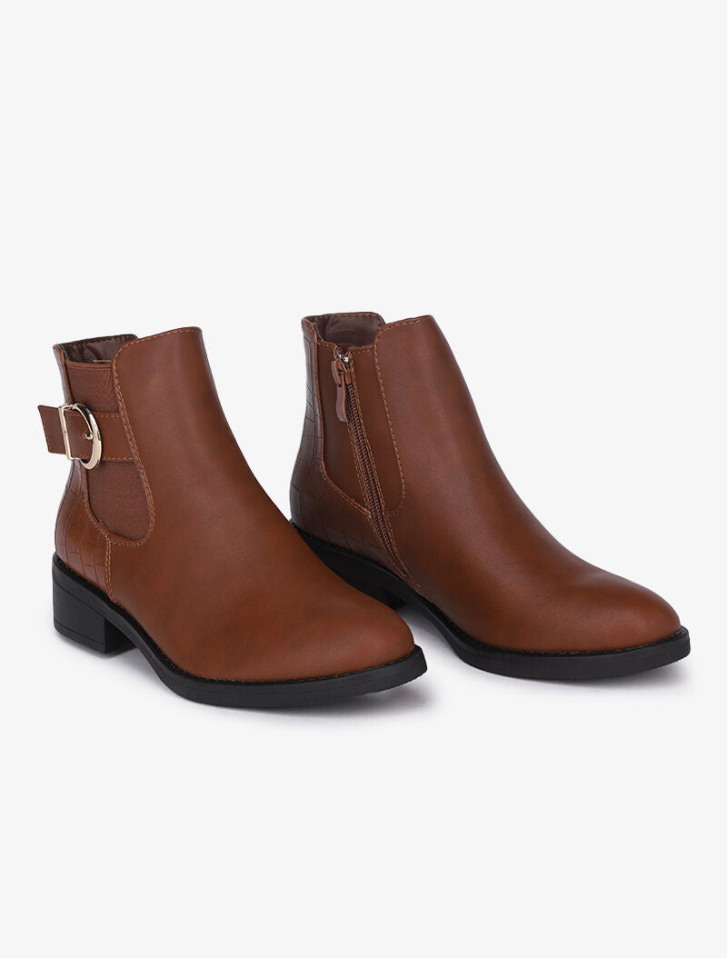 Bottines à contrefort croco et boucle - Camel - 4