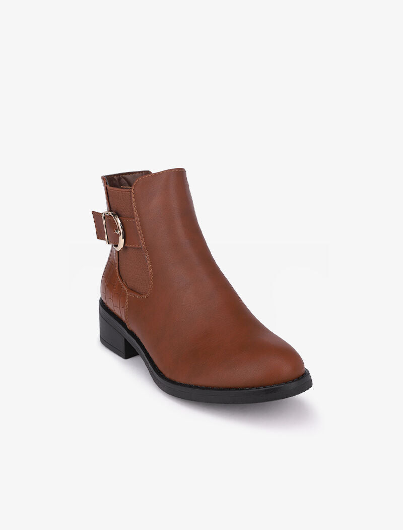 Bottines à contrefort croco et boucle - Camel - 2