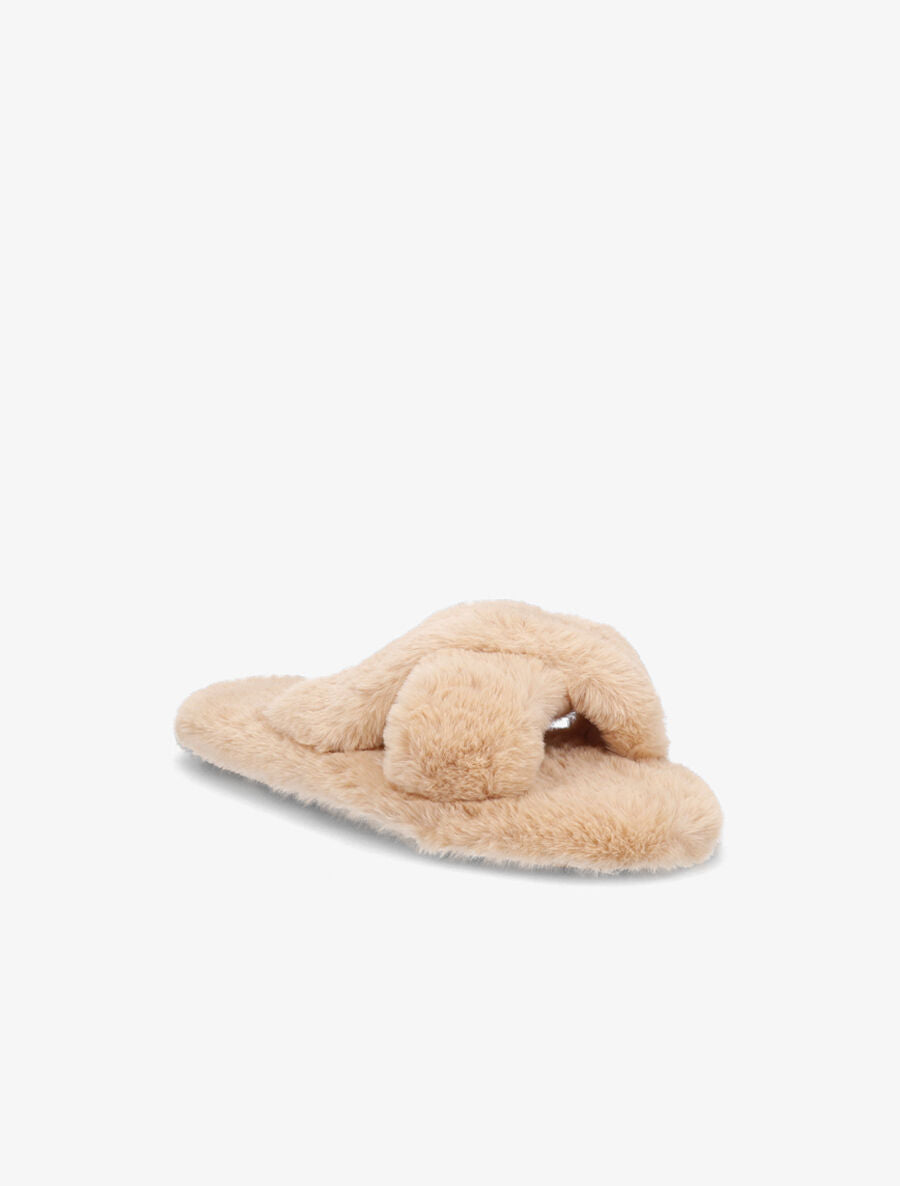 Claquettes à ganses croisées en fourrure synthétique - Camel - 2