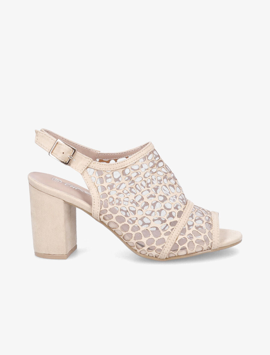 Sandales à talons ganse en tissu et suédine style voronoï - Beige - 1