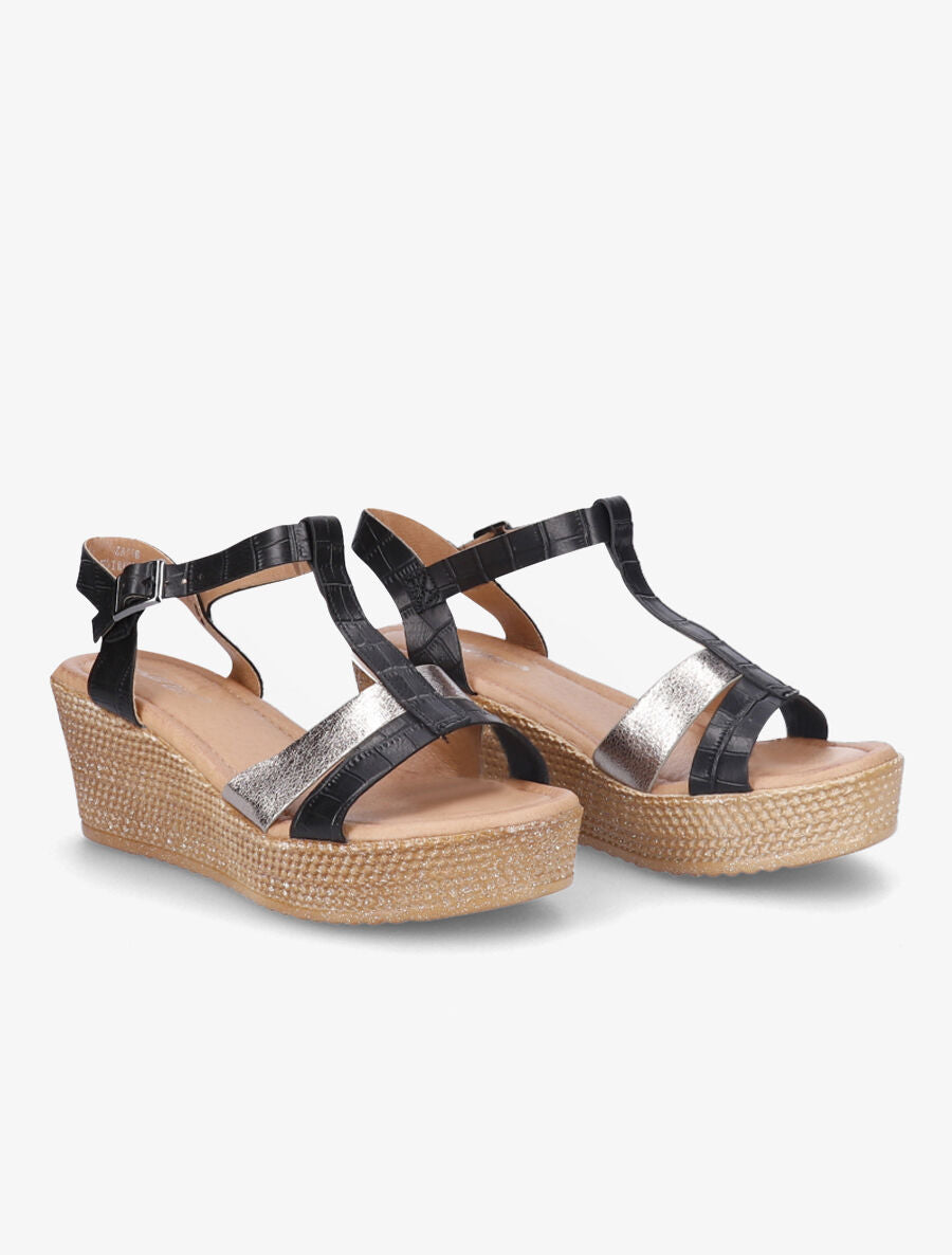 Sandales compensées à bride croco et irisé - Noir/or - 5