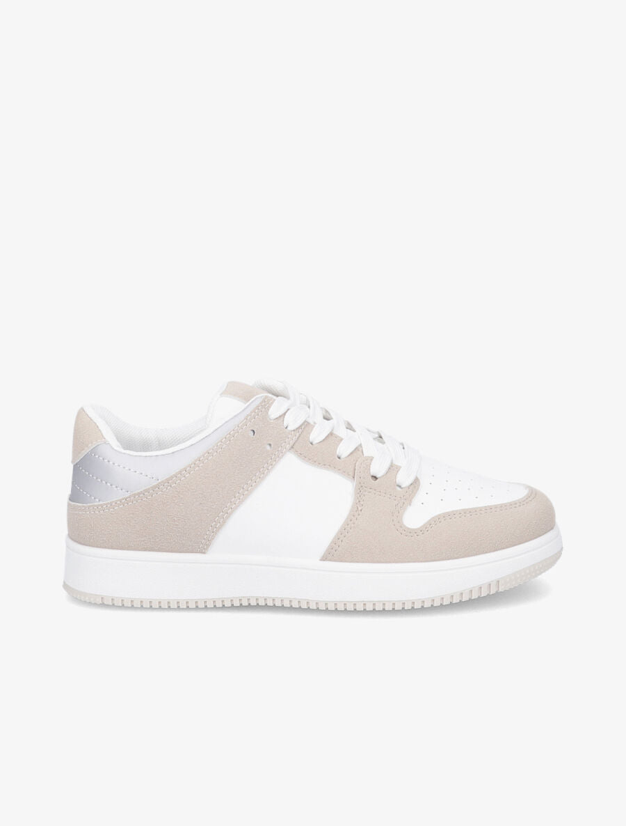 Sneakers bicolore en simili et suédine - Beige - 1