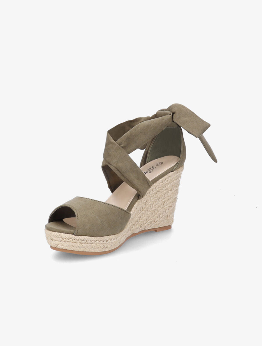 Espadrilles à talons compensés et liens en suédine - Kaki - 3