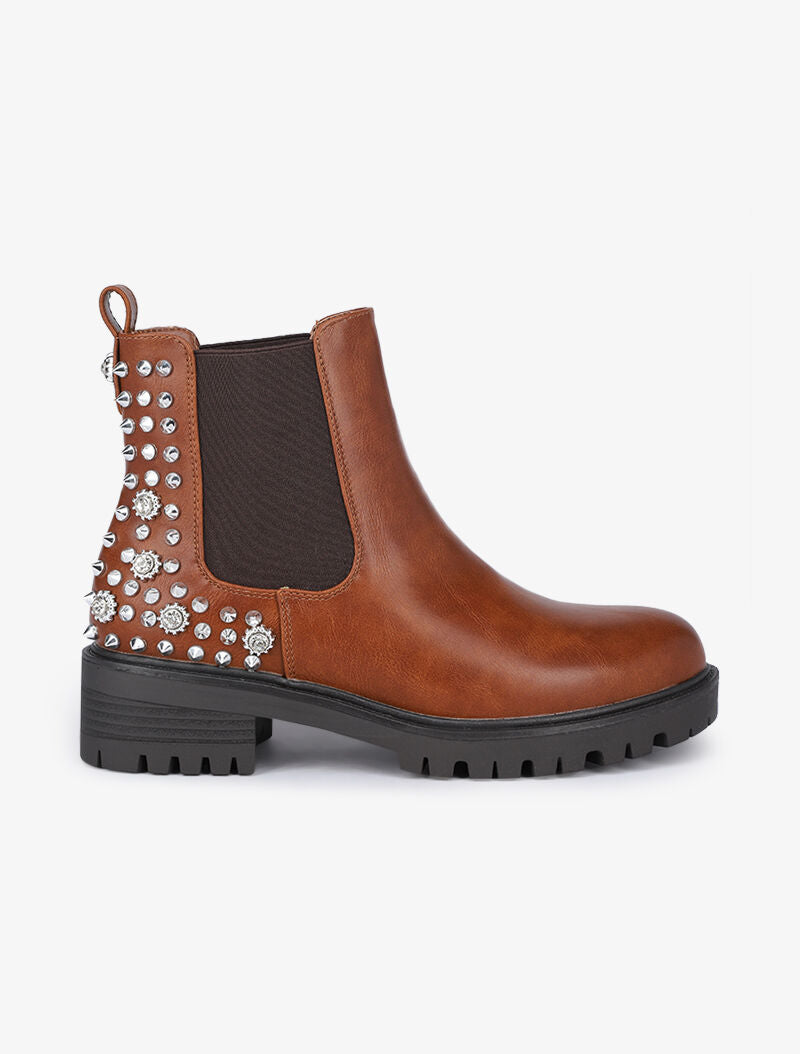 Boots montantes à contrefort à clous et strass - Camel - 2