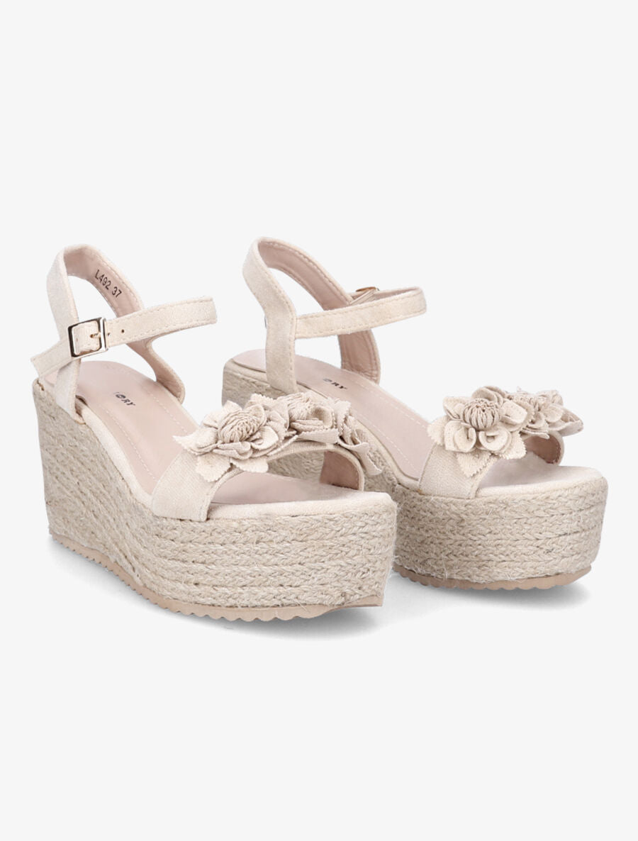 Sandales en suédine à ganses ornées de fleurs - Beige - 4
