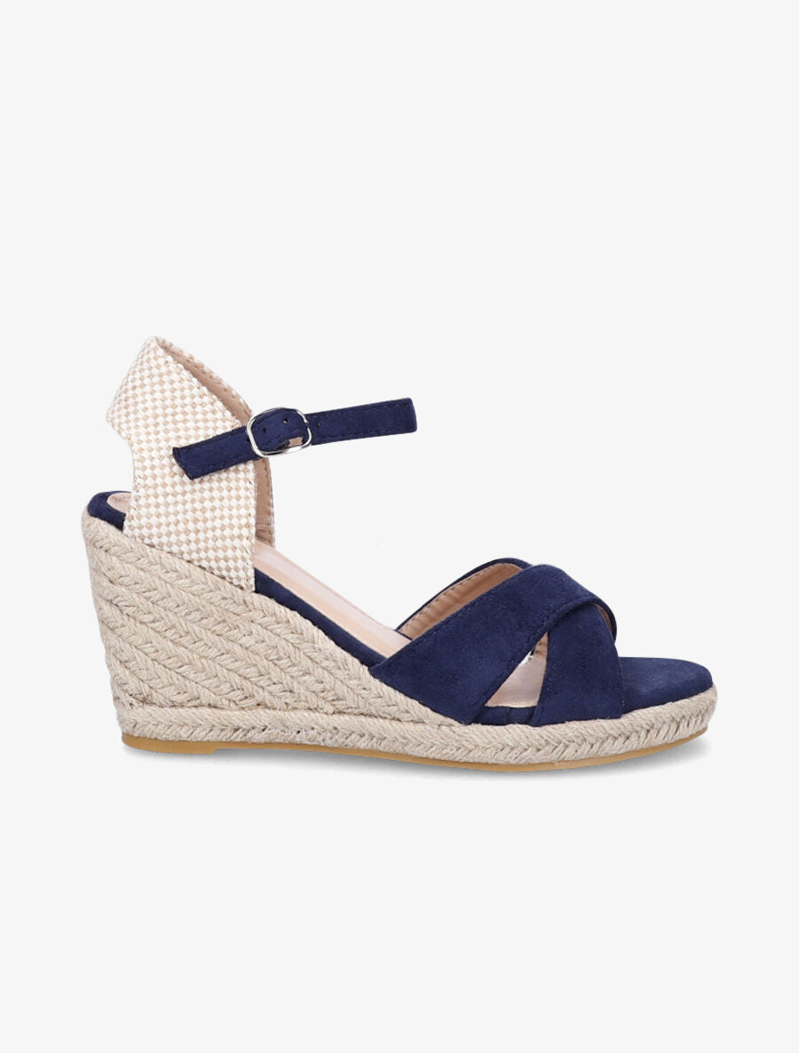 Sandales compensées en suédine à contrefort en damier - Marine - 1