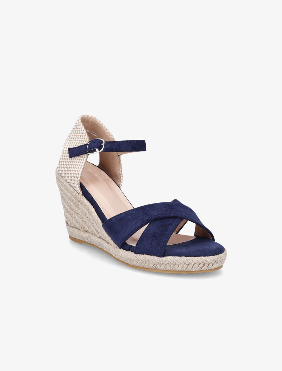 Sandales compensées en suédine à contrefort en damier - Marine - 2