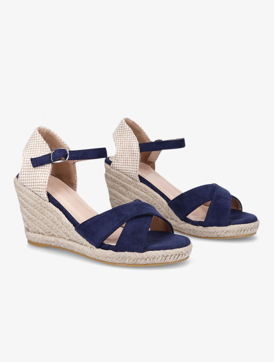 Sandales compensées en suédine à contrefort en damier - Marine - 4