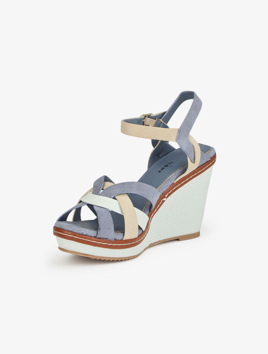 Sandales compensées à semelle style osier - Bleu - 3