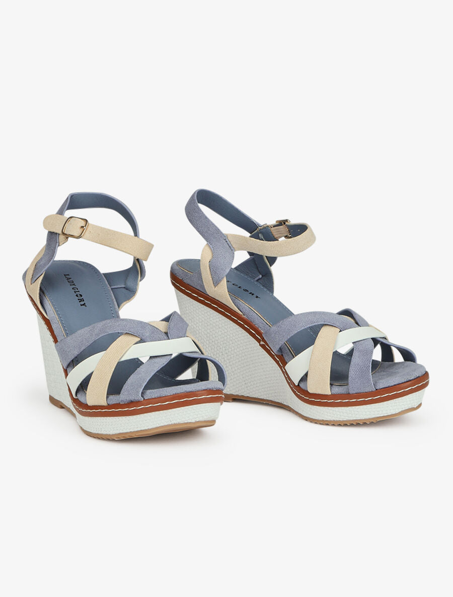 Sandales compensées à semelle style osier - Bleu - 4
