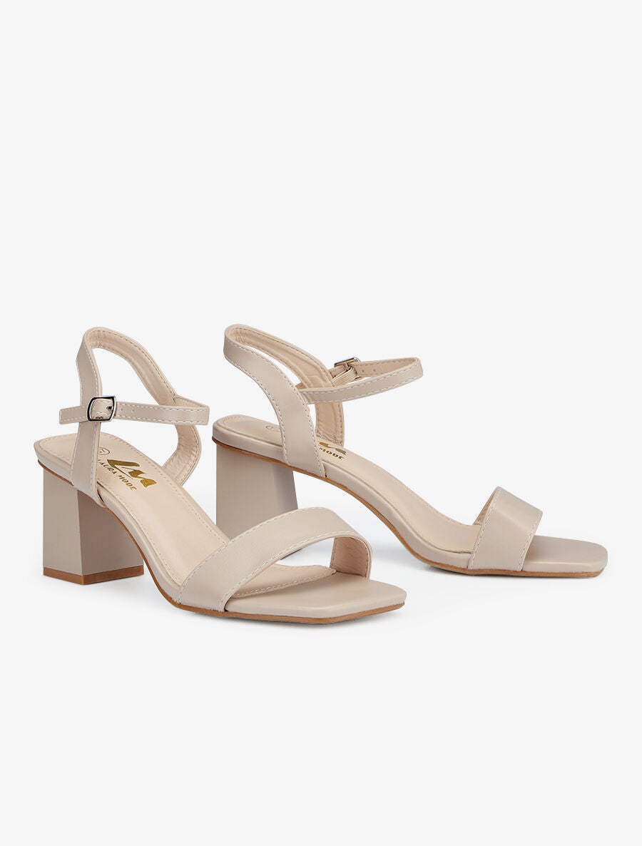 Sandales unies à talon carré - Beige - 4