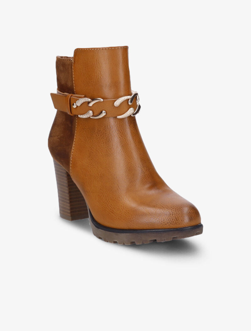 Bottines fourrées bi-matière à sangle à détail chaîne - Camel - 2