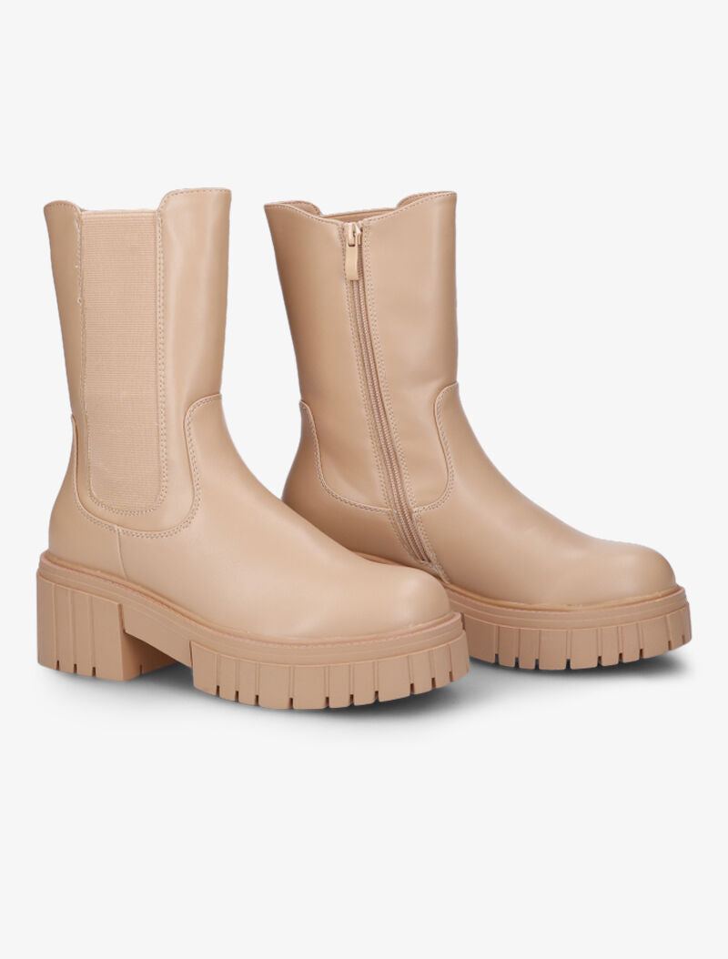 Bottines style motard à talons strillés et semelle crantées - Beige - 5