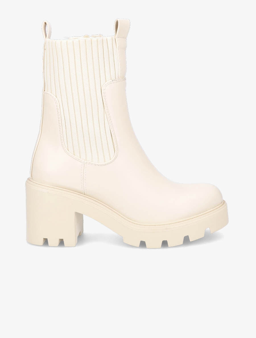 Bottines montantes à talon et ganse élastiquée côtelée - Beige - 1