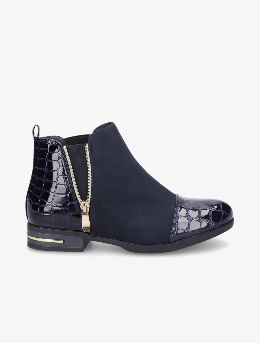 Bottines à détails effet croco vernis - Marine - 1