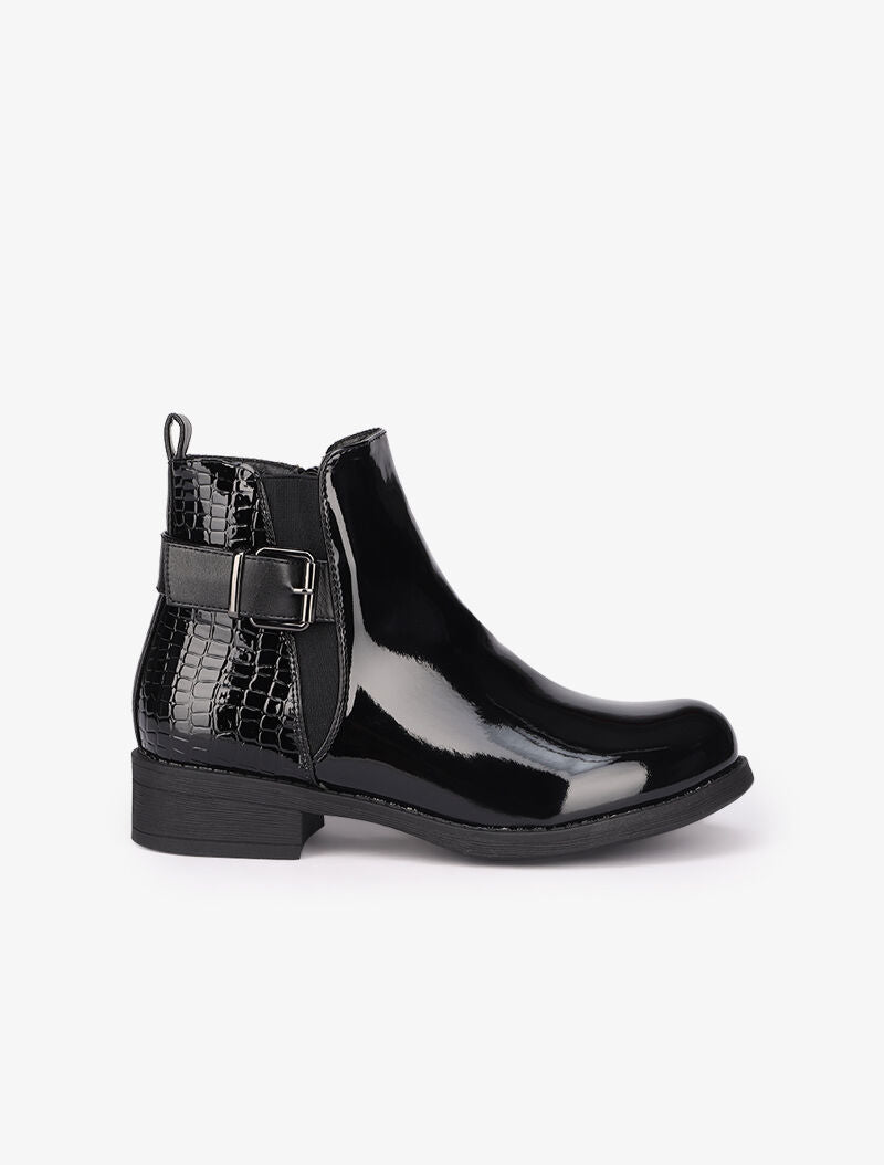 Bottines plates vernies à contrefort croco - Noir - 2