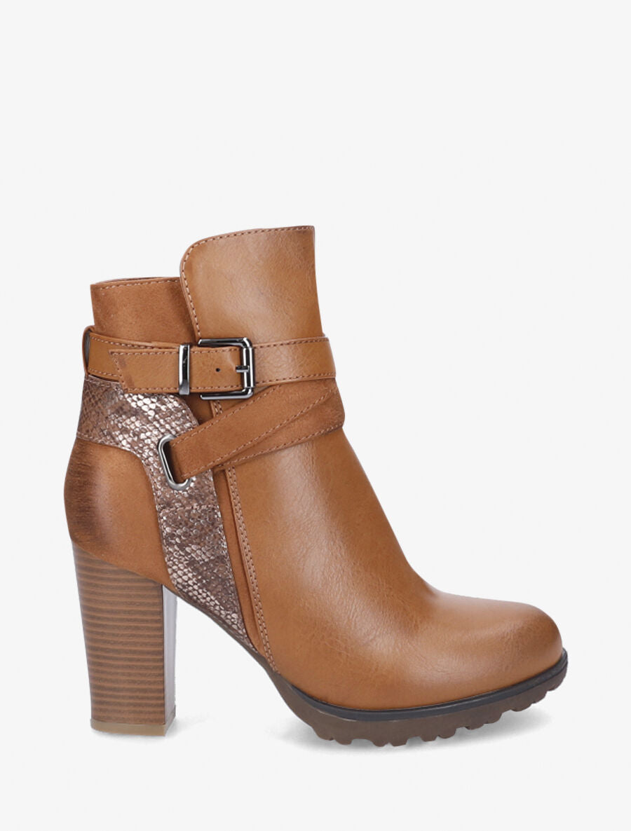 Bottines à talon et empiècement python - Camel - 6