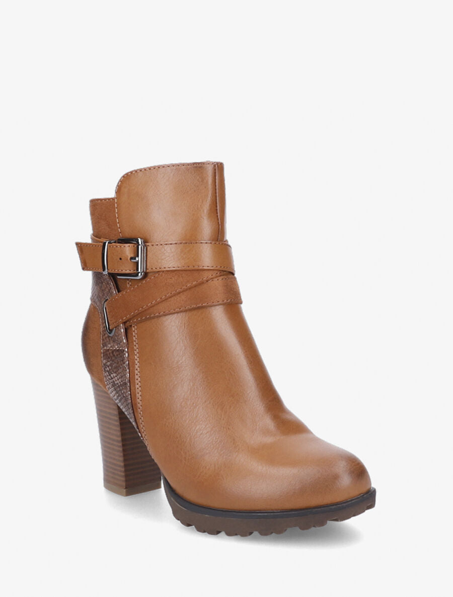 Bottines à talon et empiècement python - Camel - 3