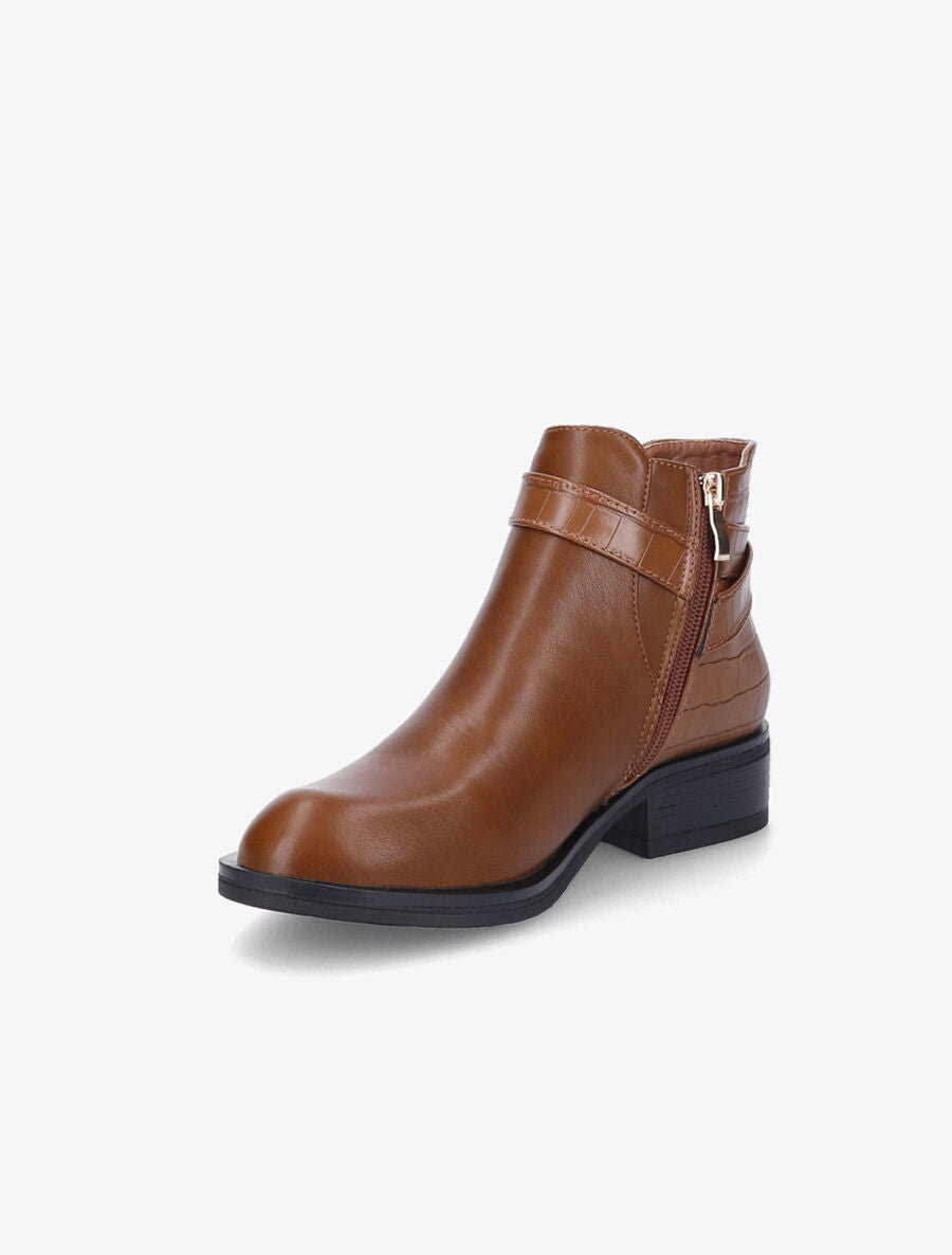Bottines à contrefort et sangle croco - Camel - 3