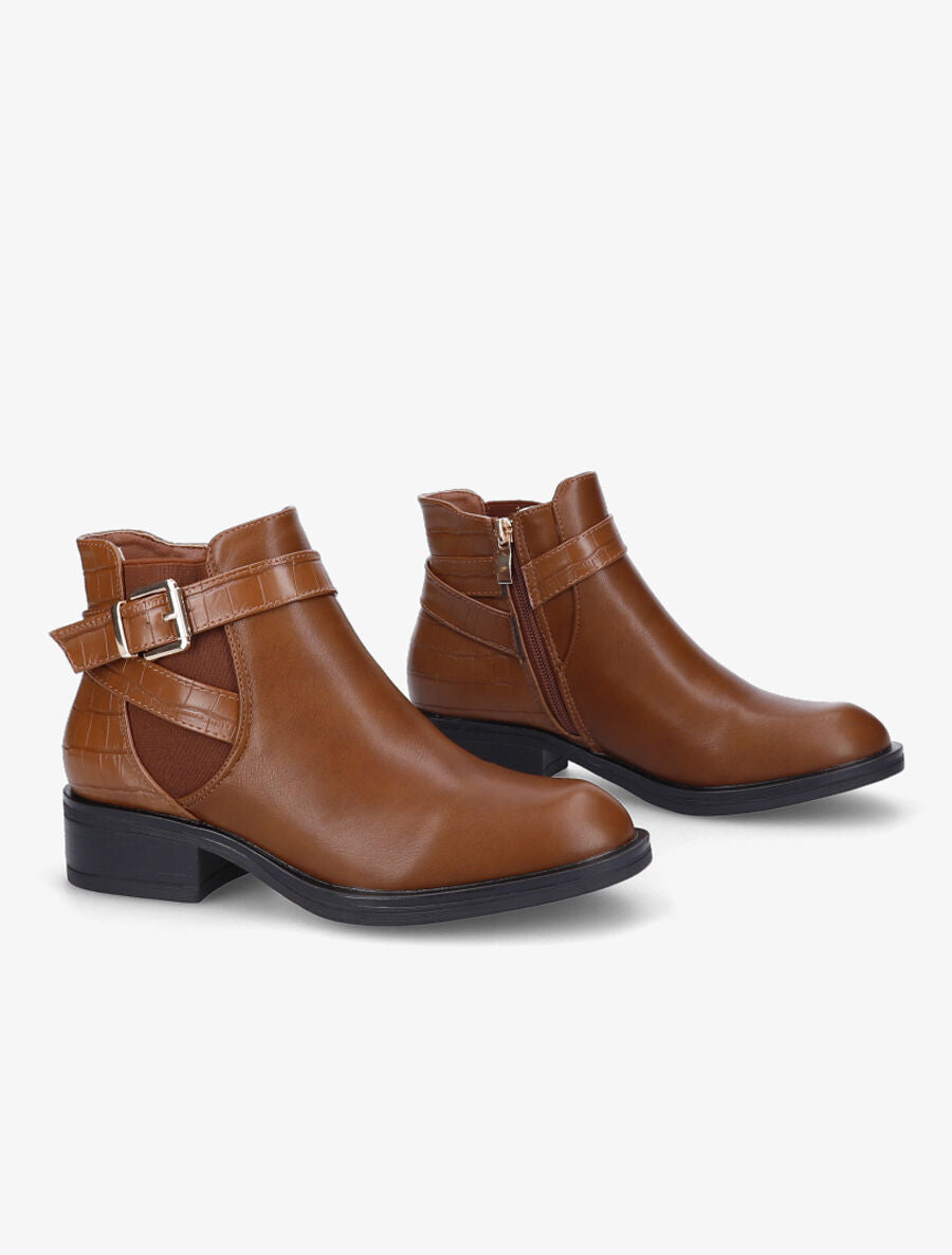 Bottines à contrefort et sangle croco - Camel - 4