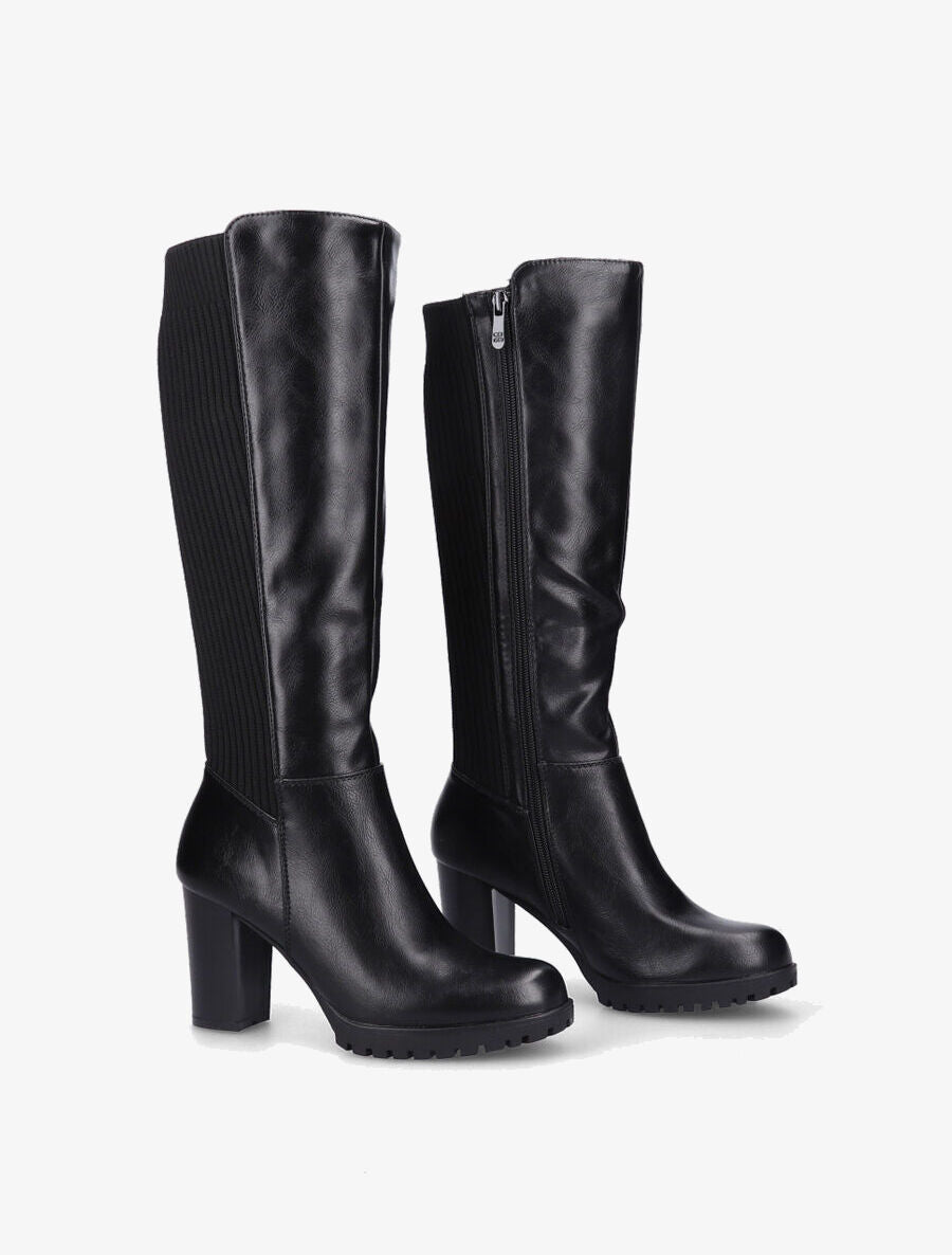 Bottes à talon en simili et tissu côtelé - Noir - 4